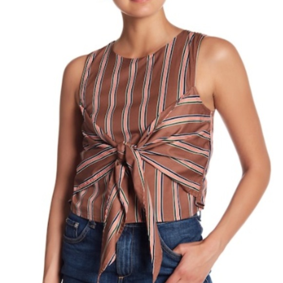 J.O.A. Tops - J.O.A. - Striped Front-Tie Woven Top